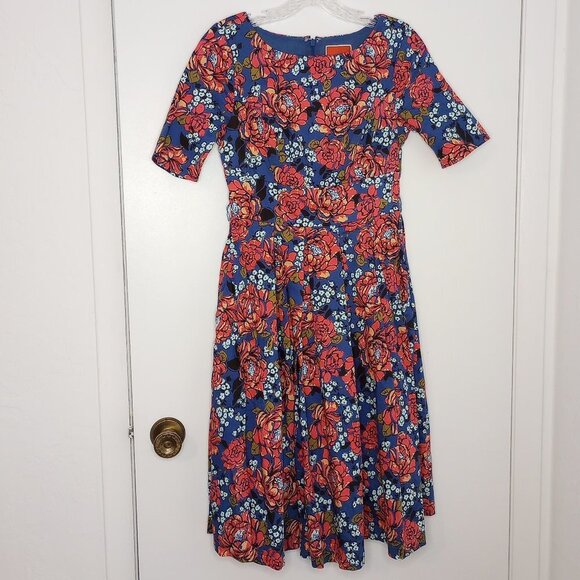 Modcloth Blue & Pink Floral Fit & Flare Retro Dress - Picture 1 of 10